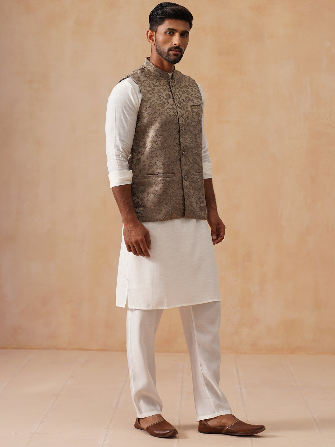Nehru Jacket with Kurta Pyjama for Men ( JOKPWC 592W 4135 Brown )