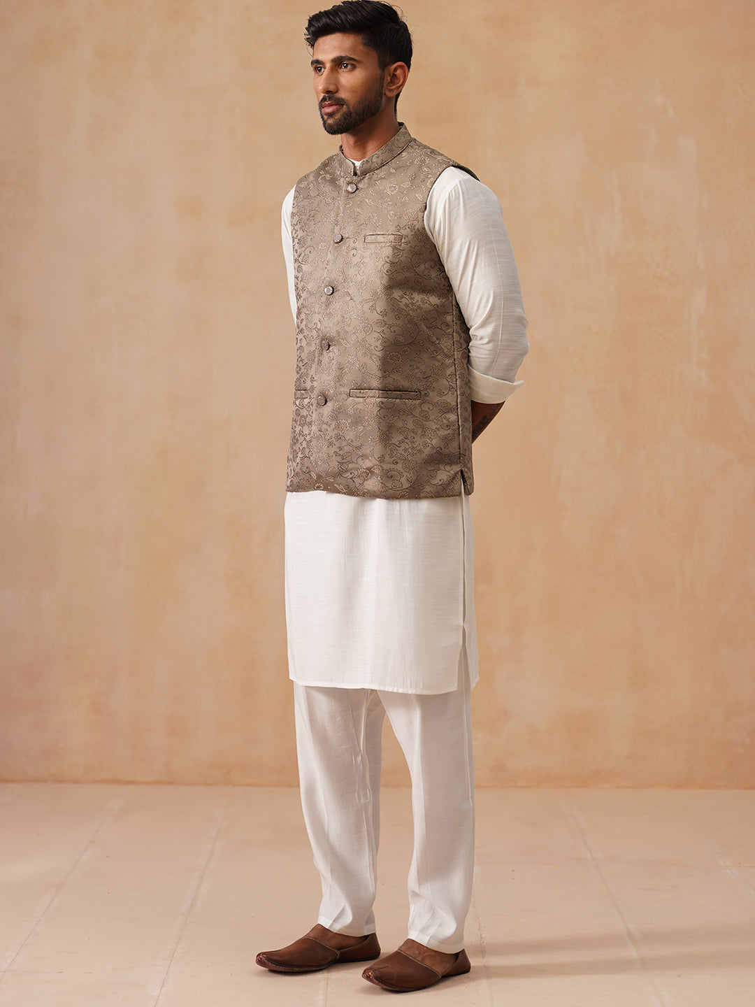 Nehru Jacket with Kurta Pyjama for Men ( JOKPWC 592W 4135 Brown )