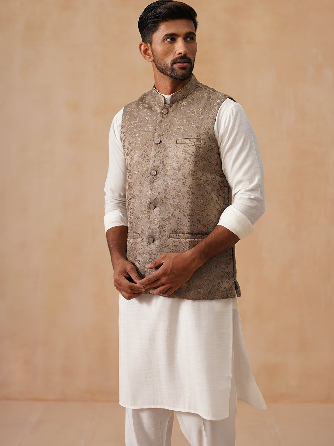 Nehru Jacket with Kurta Pyjama for Men ( JOKPWC 592W 4135 Brown )