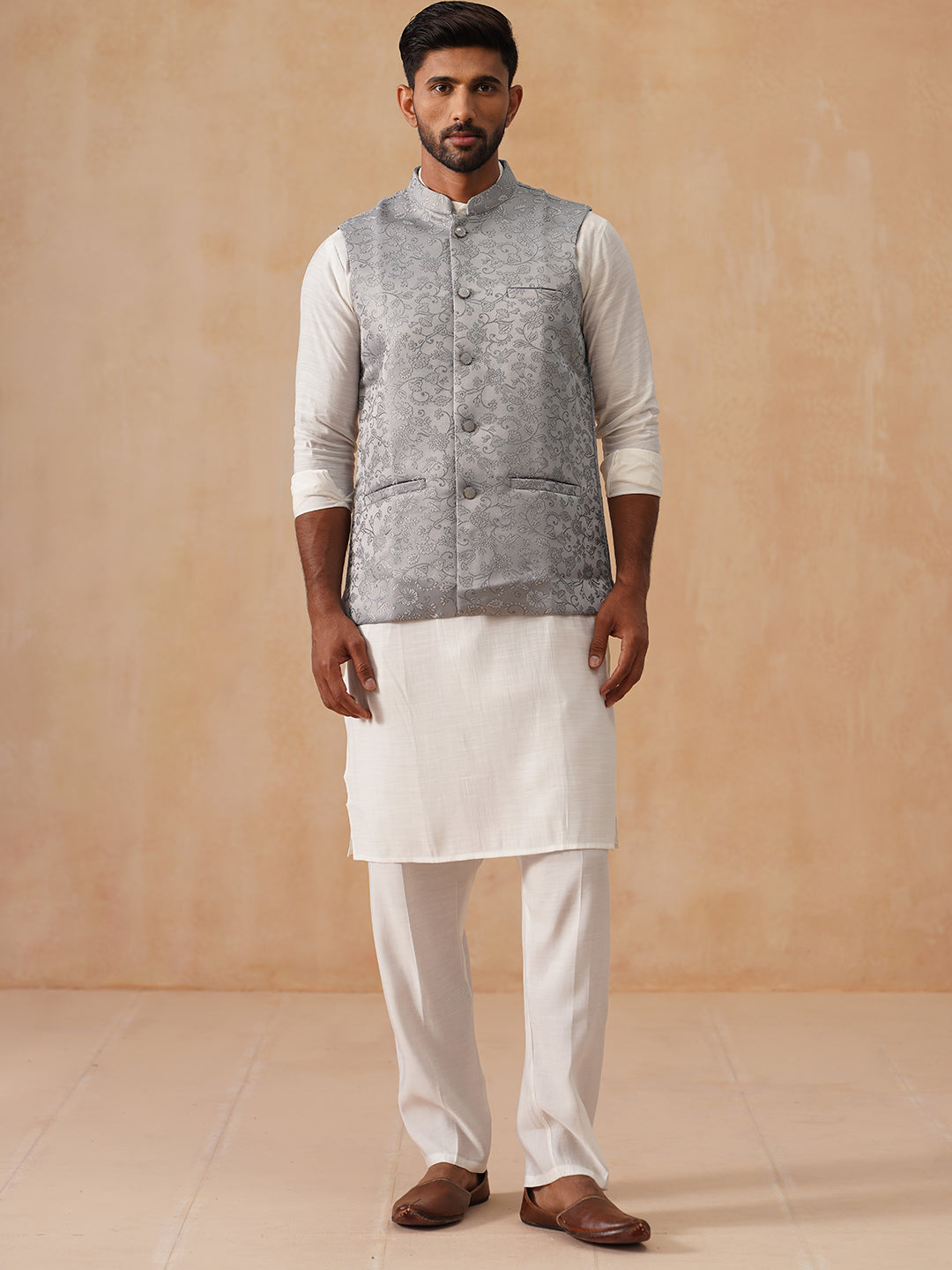 Nehru Jacket with Kurta Pyjama for Men ( JOKPWC 592W 4135 Silver )