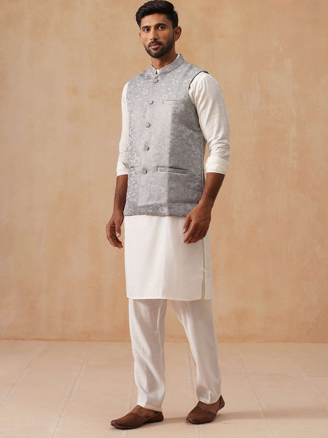 Nehru Jacket with Kurta Pyjama for Men ( JOKPWC 592W 4135 Silver )