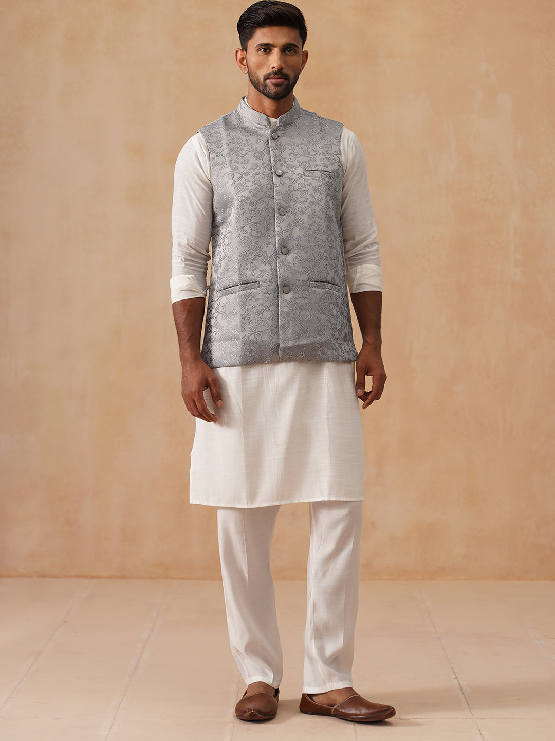 Nehru Jacket with Kurta Pyjama for Men ( JOKPWC 592W 4135 Silver )