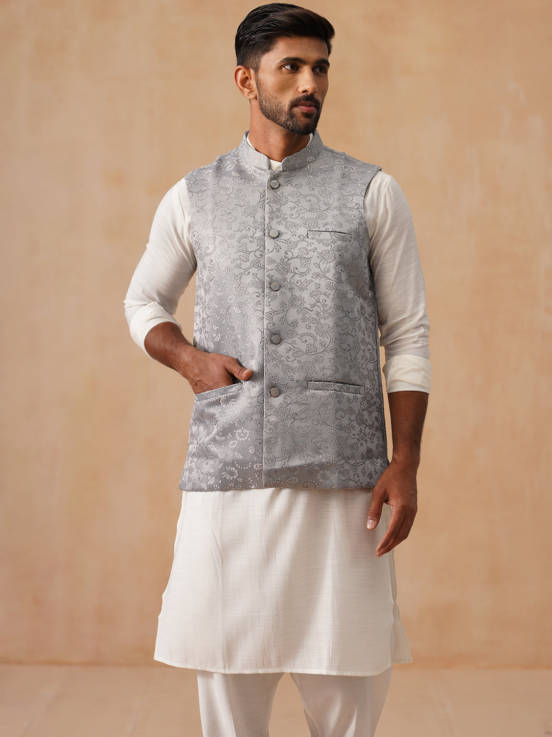 Nehru Jacket with Kurta Pyjama for Men ( JOKPWC 592W 4135 Silver )