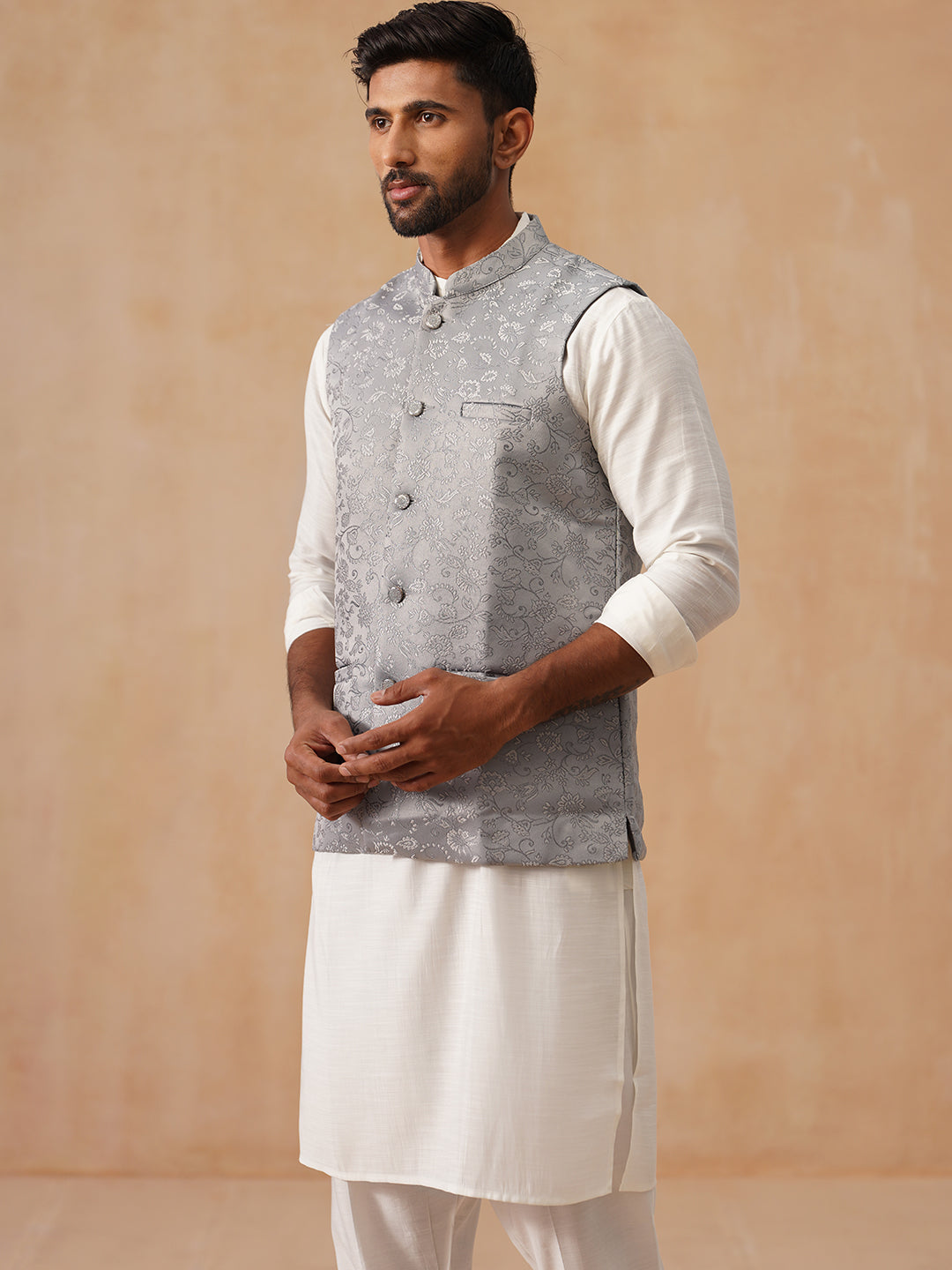 Nehru Jacket with Kurta Pyjama for Men ( JOKPWC 592W 4135 Silver )