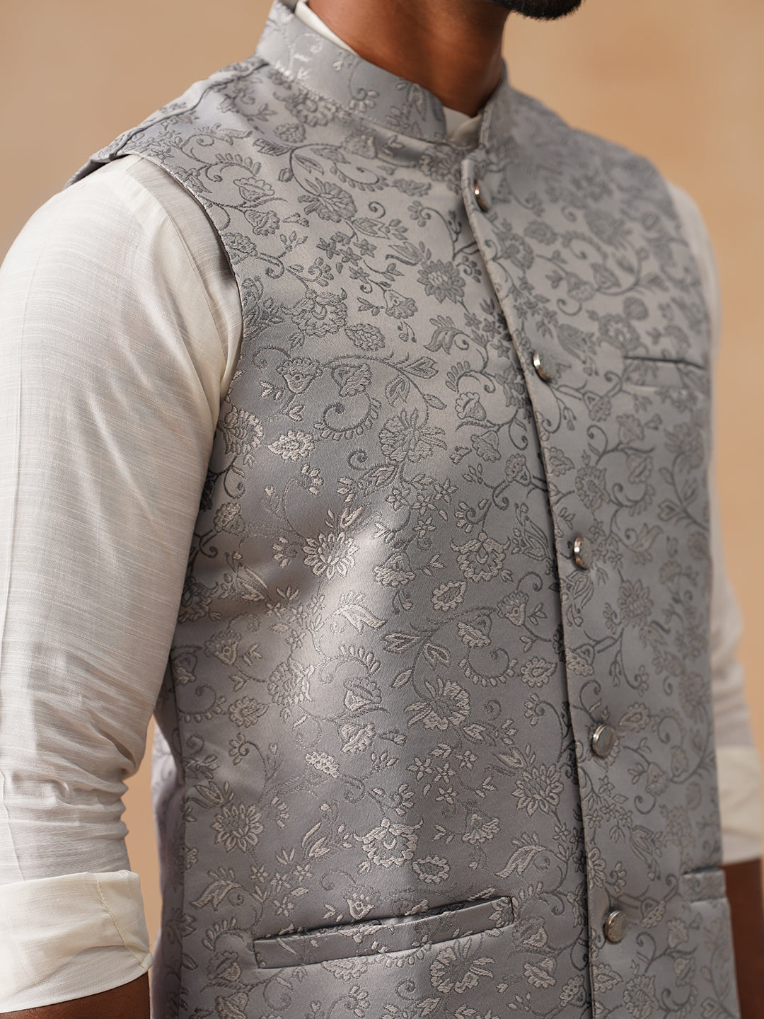 Nehru Jacket with Kurta Pyjama for Men ( JOKPWC 592W 4135 Silver )