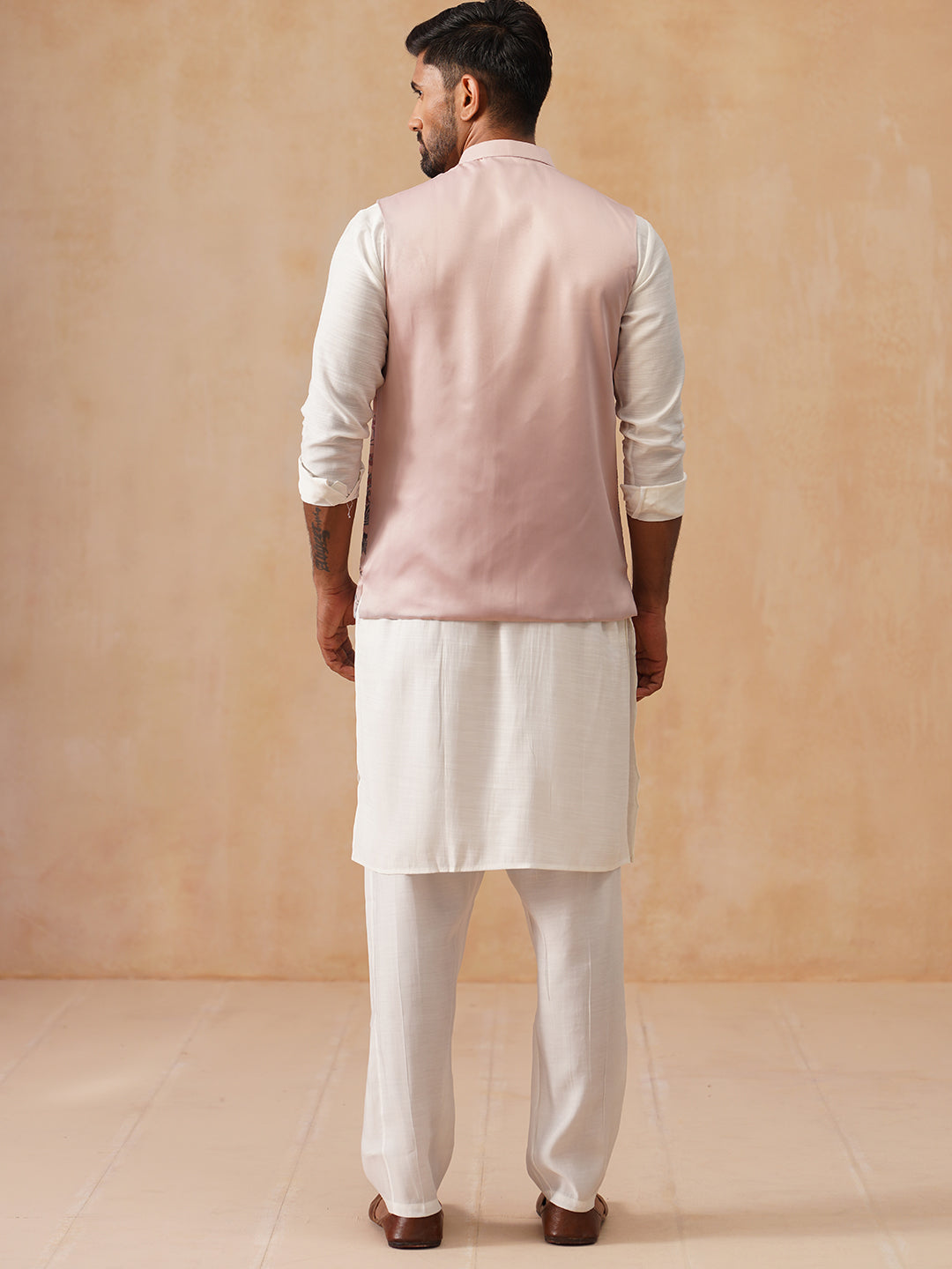 Embroidered Nehru Jacket with Kurta Pyjama Set ( JOKPWC 592W 4136 Peach )