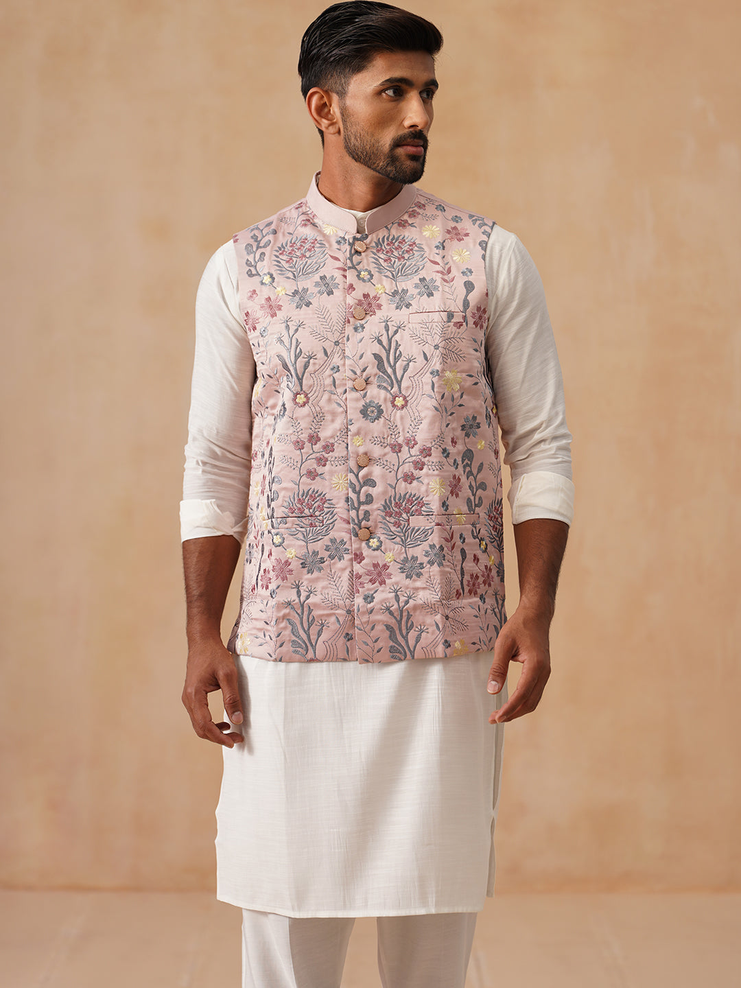 Embroidered Nehru Jacket with Kurta Pyjama Set ( JOKPWC 592W 4136 Peach )