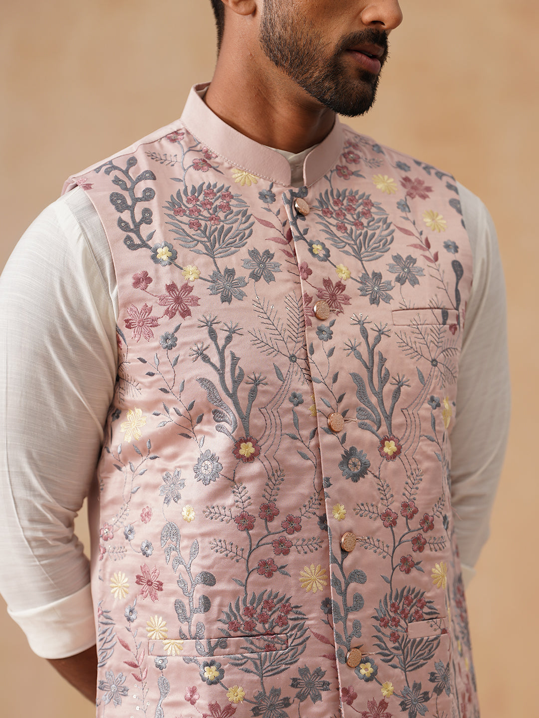Embroidered Nehru Jacket with Kurta Pyjama Set ( JOKPWC 592W 4136 Peach )
