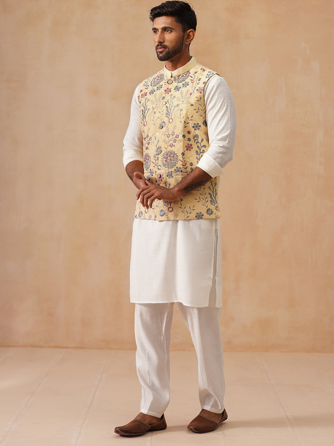 Embroidered Nehru Jacket with Kurta Pyjama Set ( JOKPWC 592W 4136 Yellow )