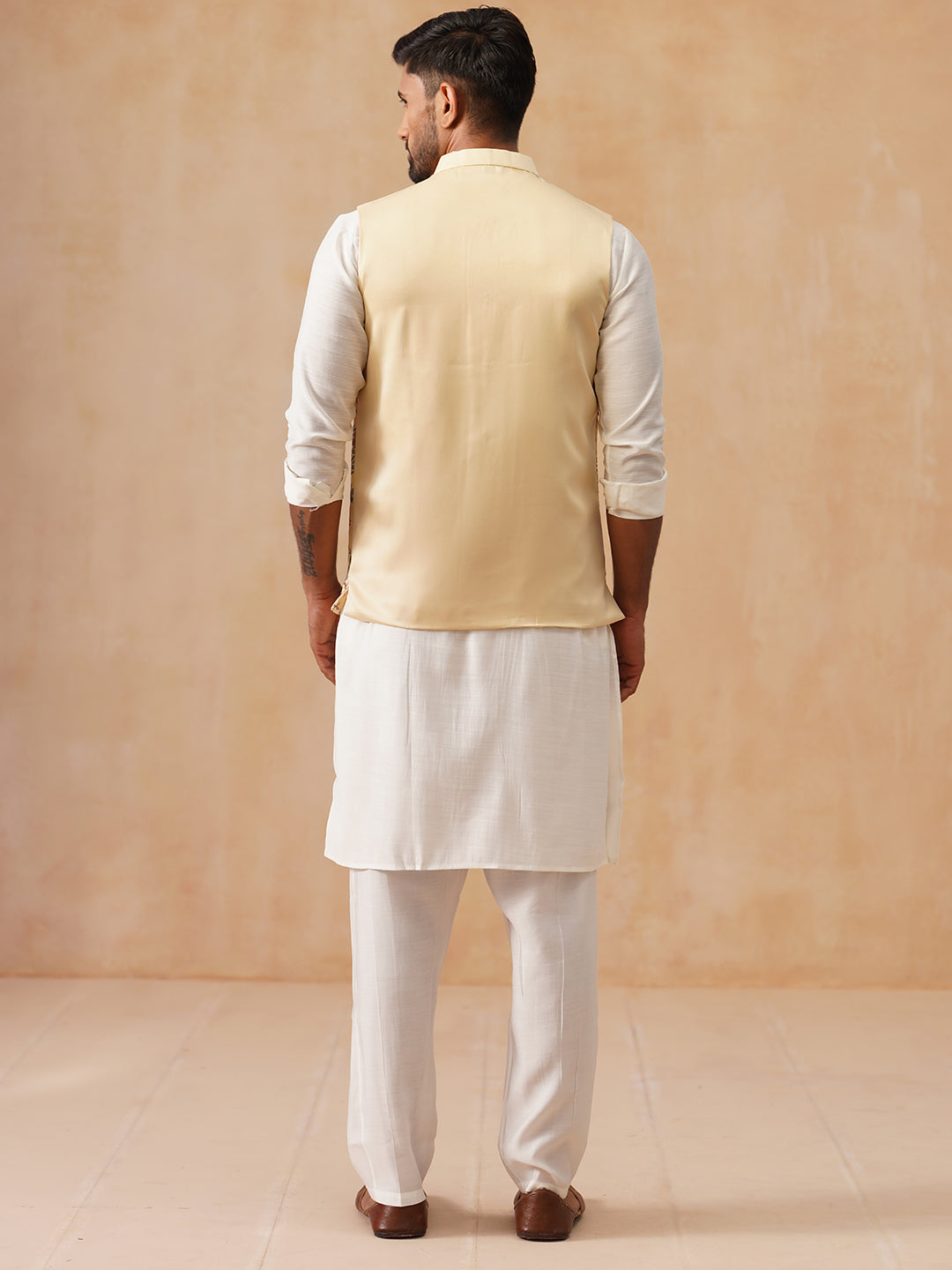 Embroidered Nehru Jacket with Kurta Pyjama Set ( JOKPWC 592W 4136 Yellow )