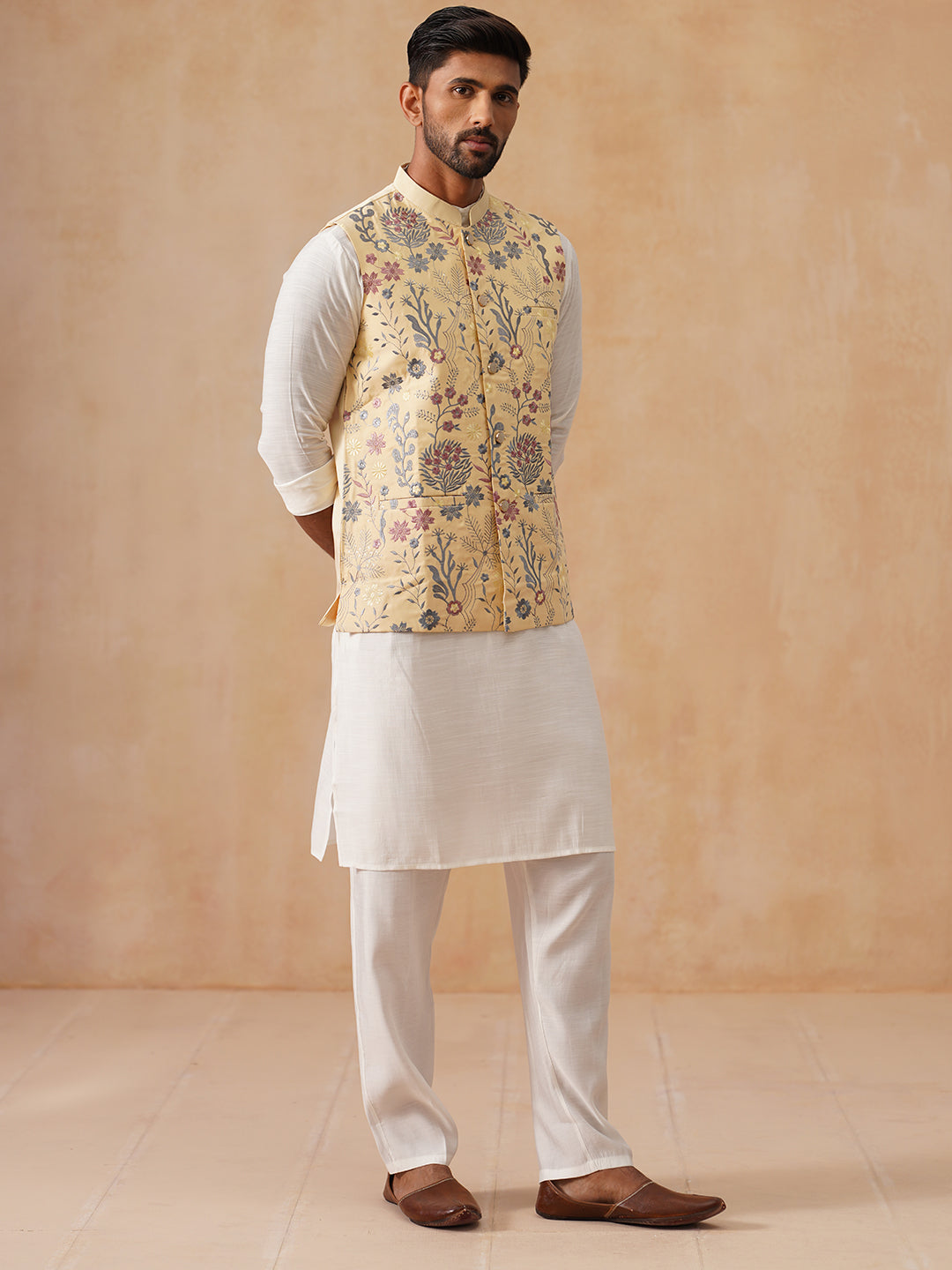 Embroidered Nehru Jacket with Kurta Pyjama Set ( JOKPWC 592W 4136 Yellow )