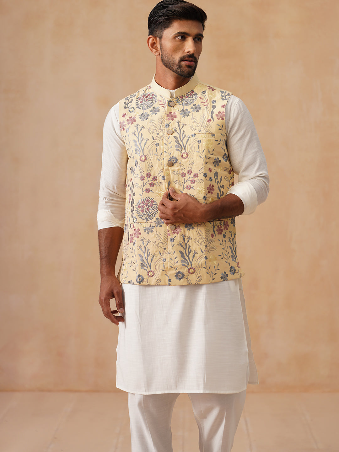 Embroidered Nehru Jacket with Kurta Pyjama Set ( JOKPWC 592W 4136 Yellow )