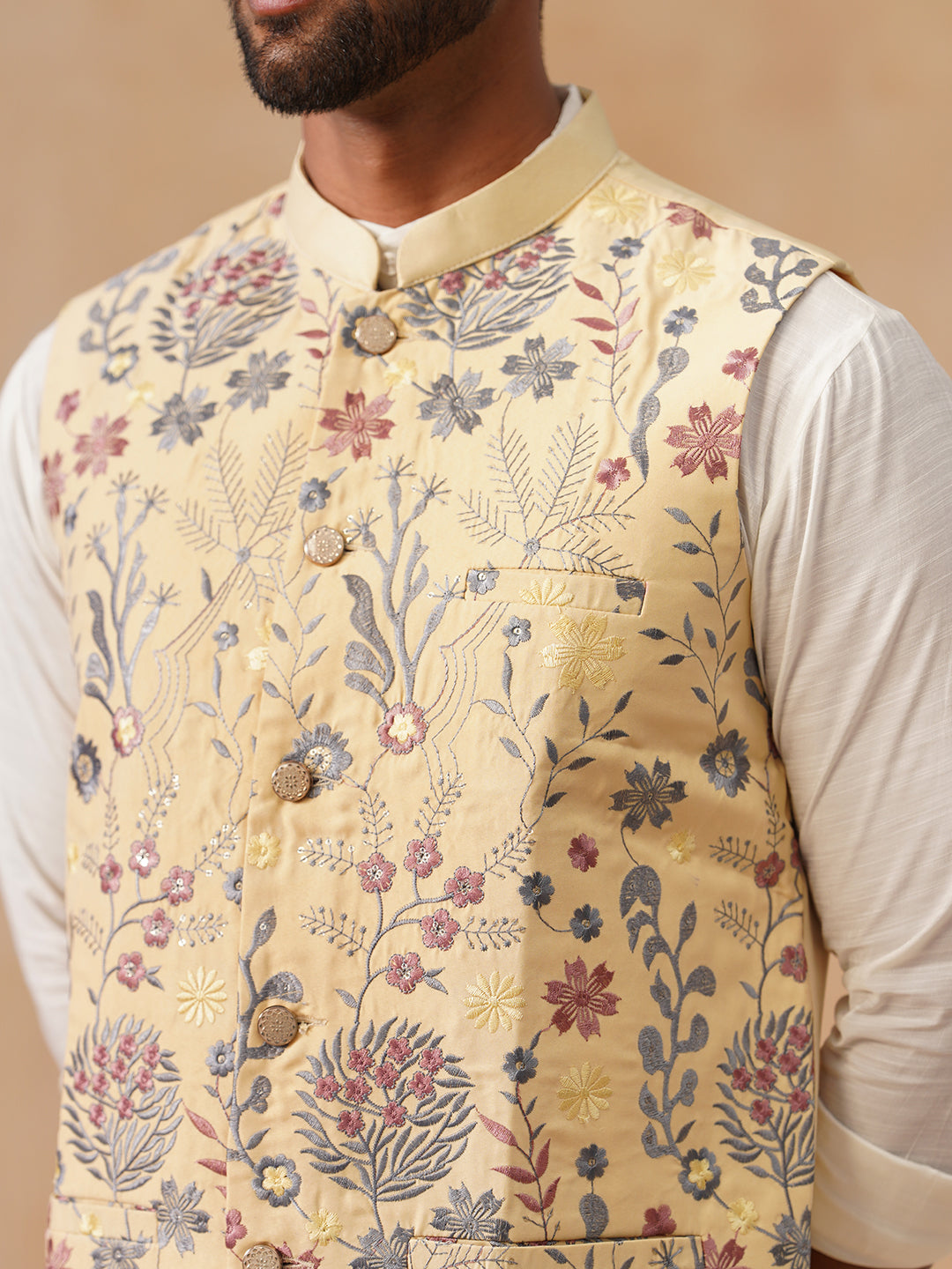 Embroidered Nehru Jacket with Kurta Pyjama Set ( JOKPWC 592W 4136 Yellow )