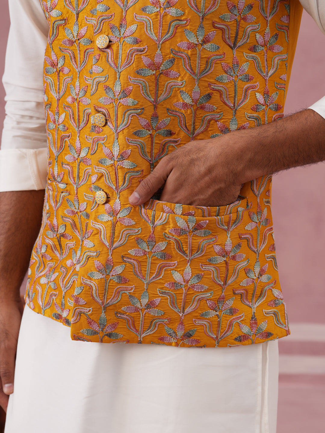 Festive Embroidered Nehru Jacket with Classic Kurta Pyjama ( JOKPWC 592W 4142 W 4142Mustard )