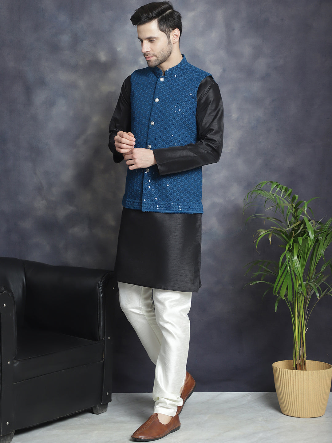Men's Sequins and Embroidred Nehru Jacket With Solid Kurta Pyjama. ( JOKPWC 636B 4080Peacock )