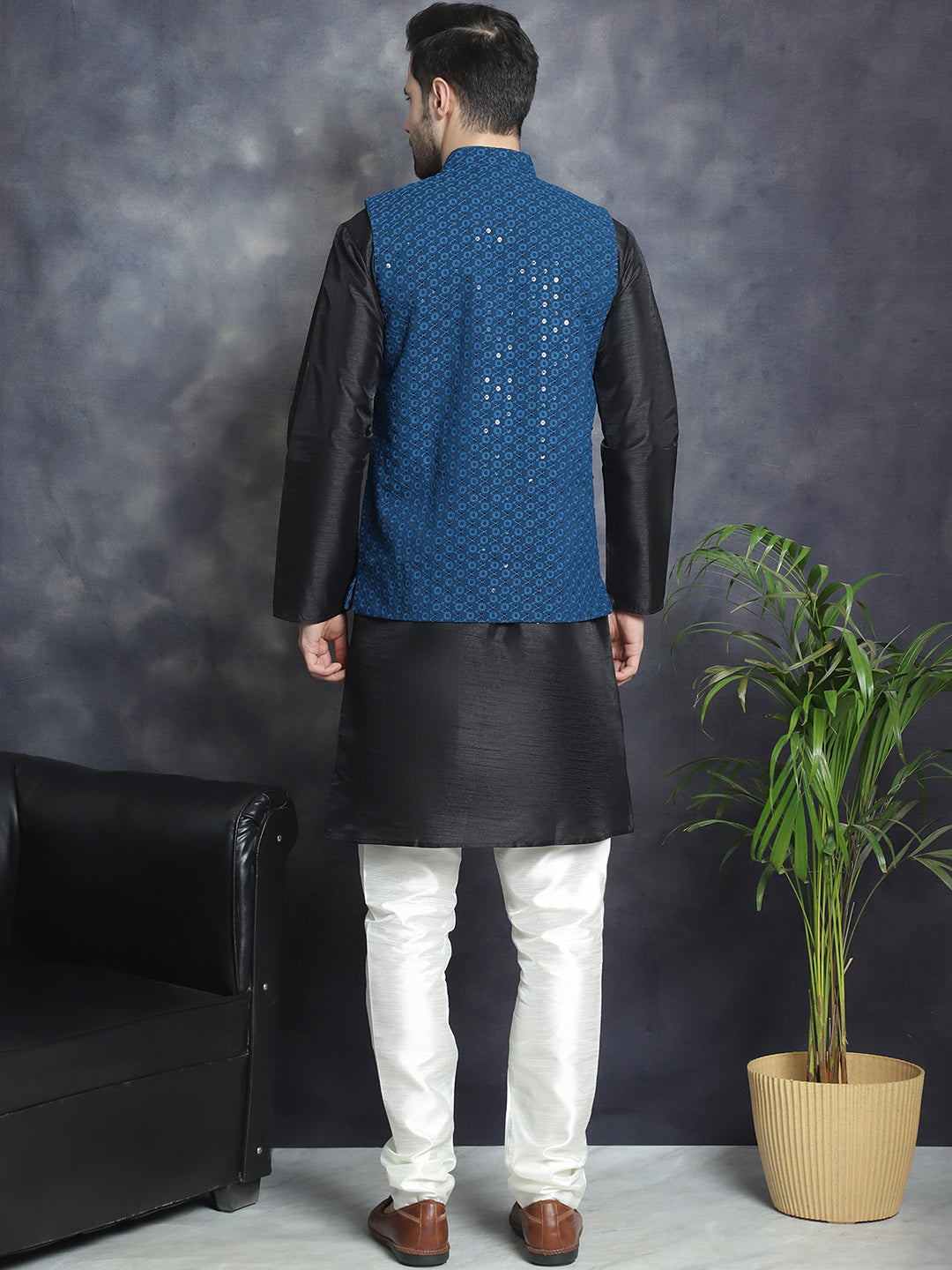 Men's Sequins and Embroidred Nehru Jacket With Solid Kurta Pyjama. ( JOKPWC 636B 4080Peacock )