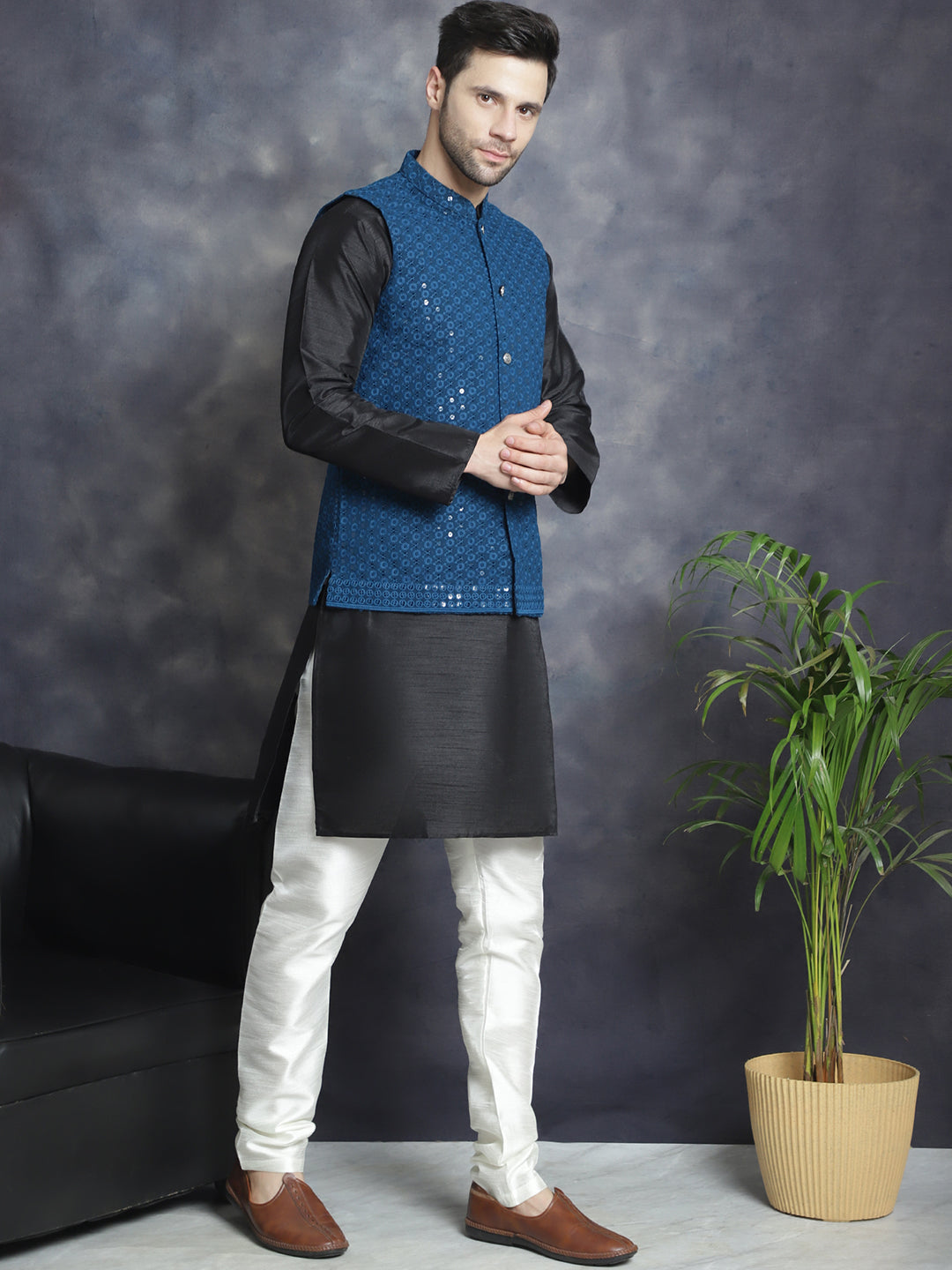 Men's Sequins and Embroidred Nehru Jacket With Solid Kurta Pyjama. ( JOKPWC 636B 4080Peacock )