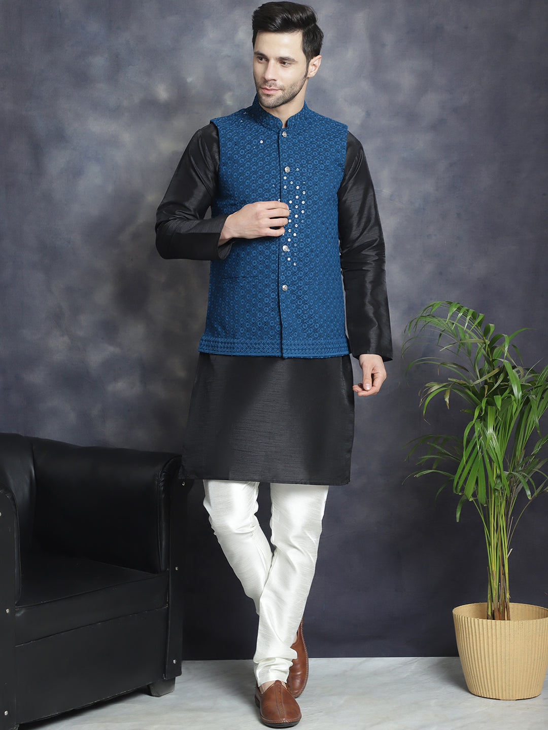 Men's Sequins and Embroidred Nehru Jacket With Solid Kurta Pyjama. ( JOKPWC 636B 4080Peacock )