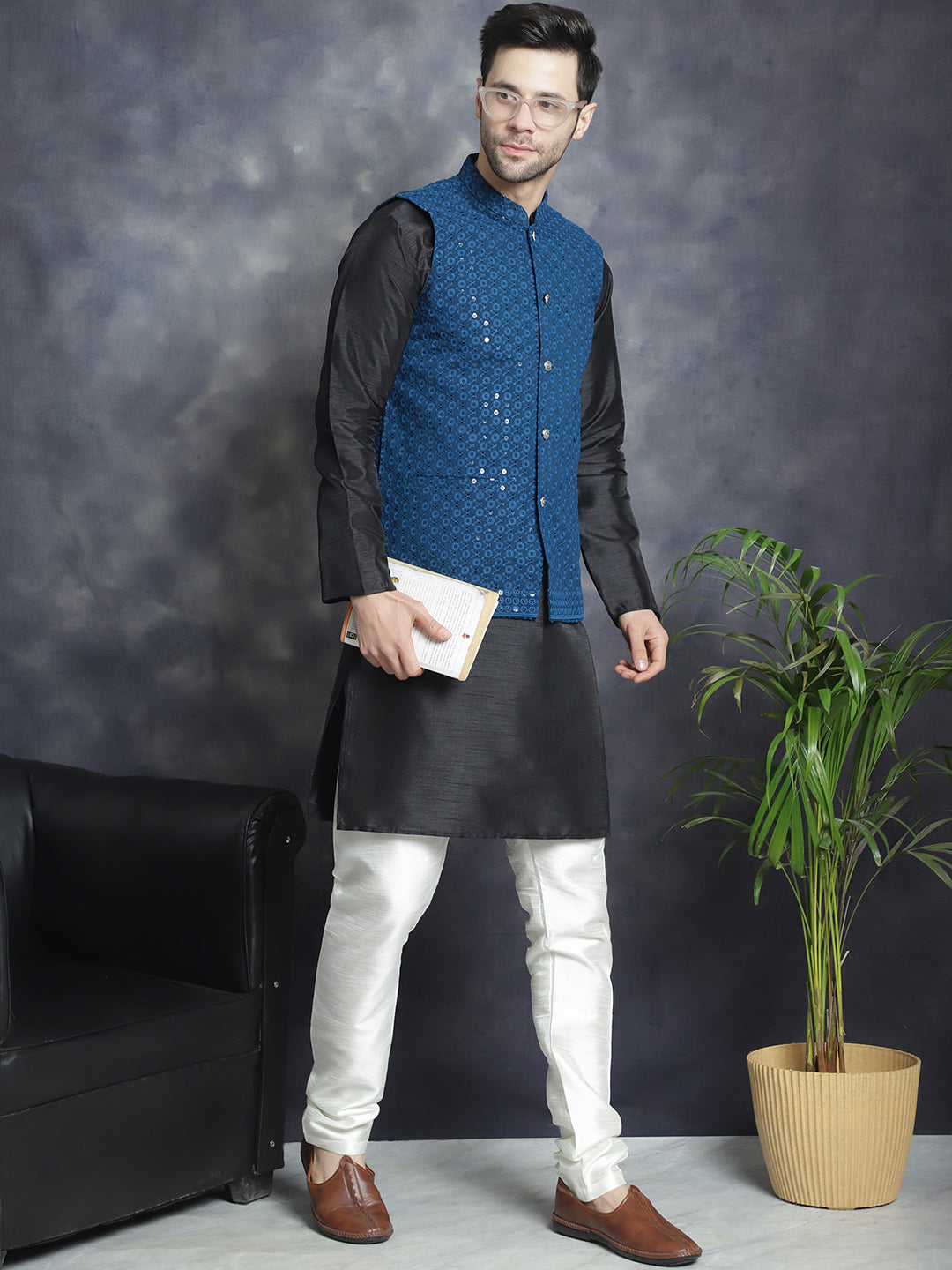 Men's Sequins and Embroidred Nehru Jacket With Solid Kurta Pyjama. ( JOKPWC 636B 4080Peacock )