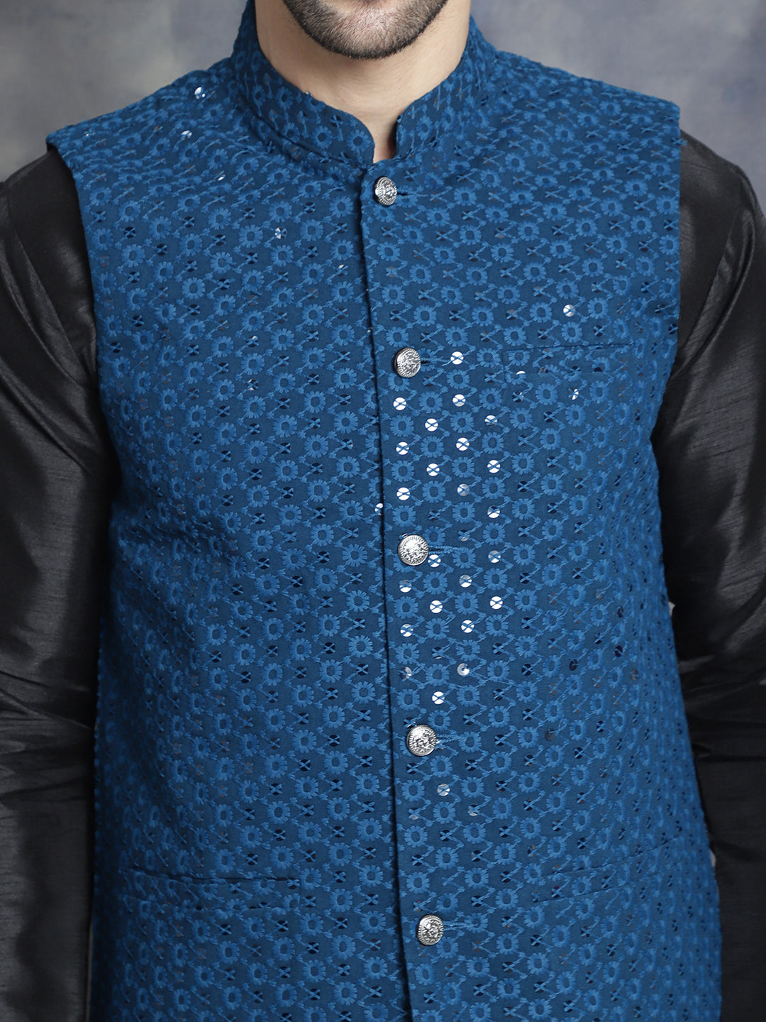 Men's Sequins and Embroidred Nehru Jacket With Solid Kurta Pyjama. ( JOKPWC 636B 4080Peacock )