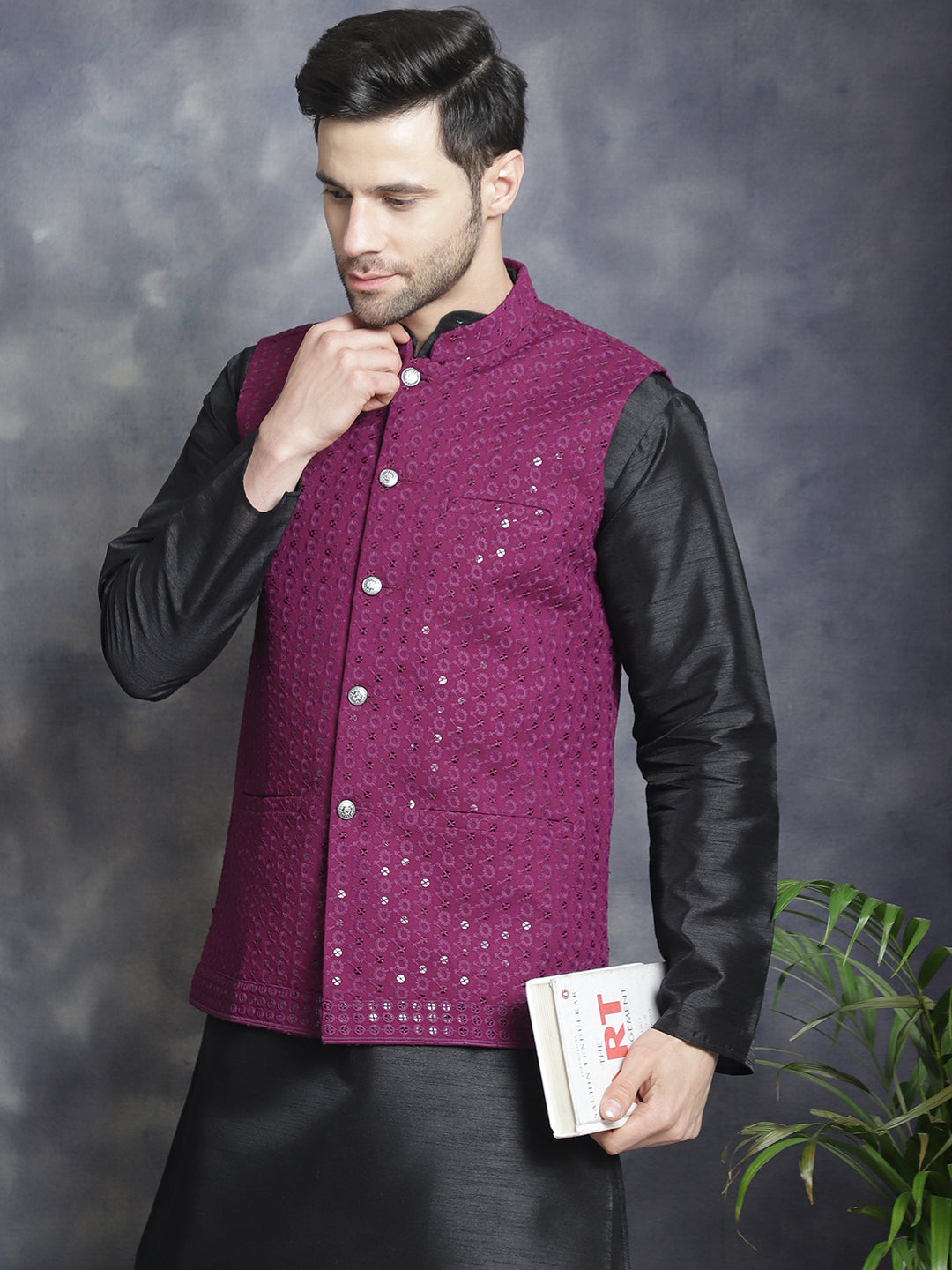 Men's Sequins and Embroidred Nehru Jacket With Solid Kurta Pyjama. ( JOKPWC 636B 4080Purple )