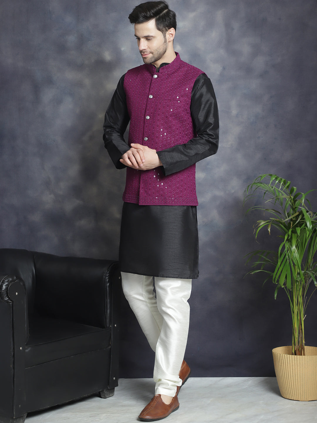 Men's Sequins and Embroidred Nehru Jacket With Solid Kurta Pyjama. ( JOKPWC 636B 4080Purple )