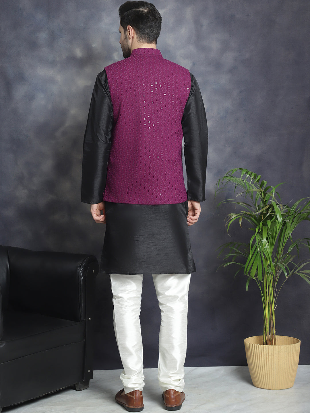 Men's Sequins and Embroidred Nehru Jacket With Solid Kurta Pyjama. ( JOKPWC 636B 4080Purple )