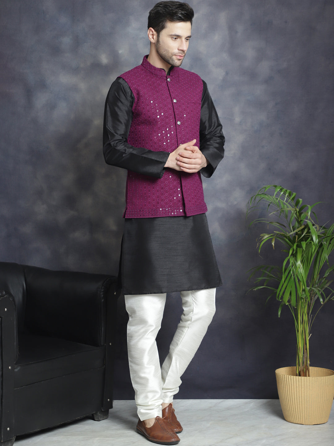 Men's Sequins and Embroidred Nehru Jacket With Solid Kurta Pyjama. ( JOKPWC 636B 4080Purple )