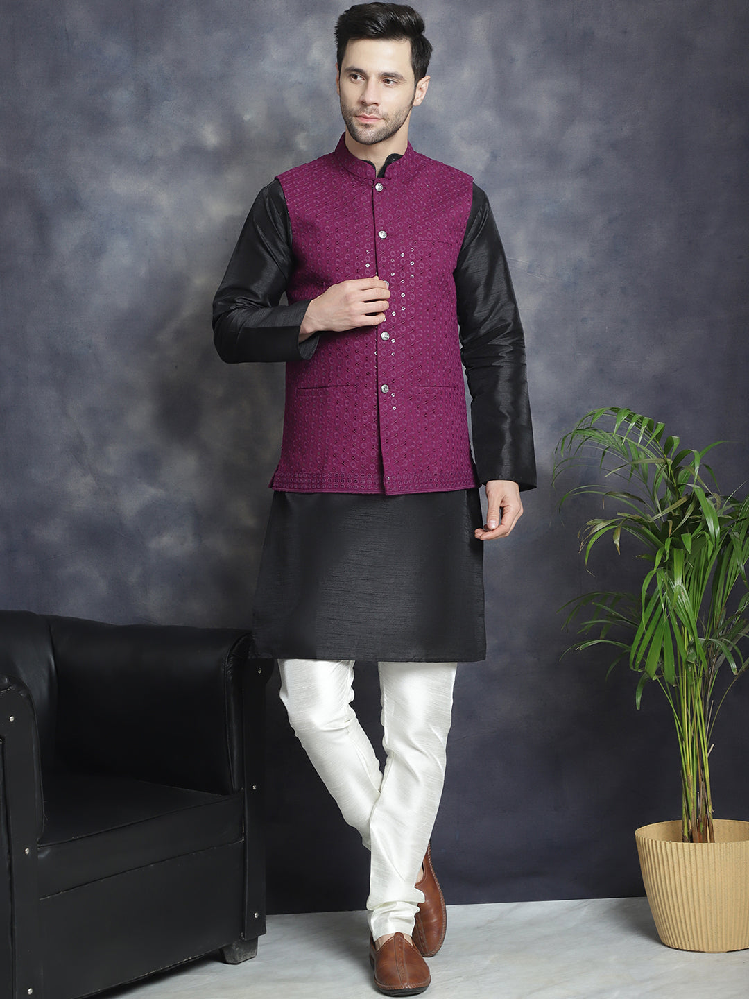 Men's Sequins and Embroidred Nehru Jacket With Solid Kurta Pyjama. ( JOKPWC 636B 4080Purple )