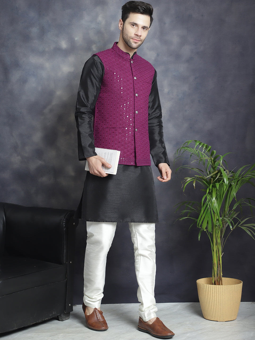 Men's Sequins and Embroidred Nehru Jacket With Solid Kurta Pyjama. ( JOKPWC 636B 4080Purple )