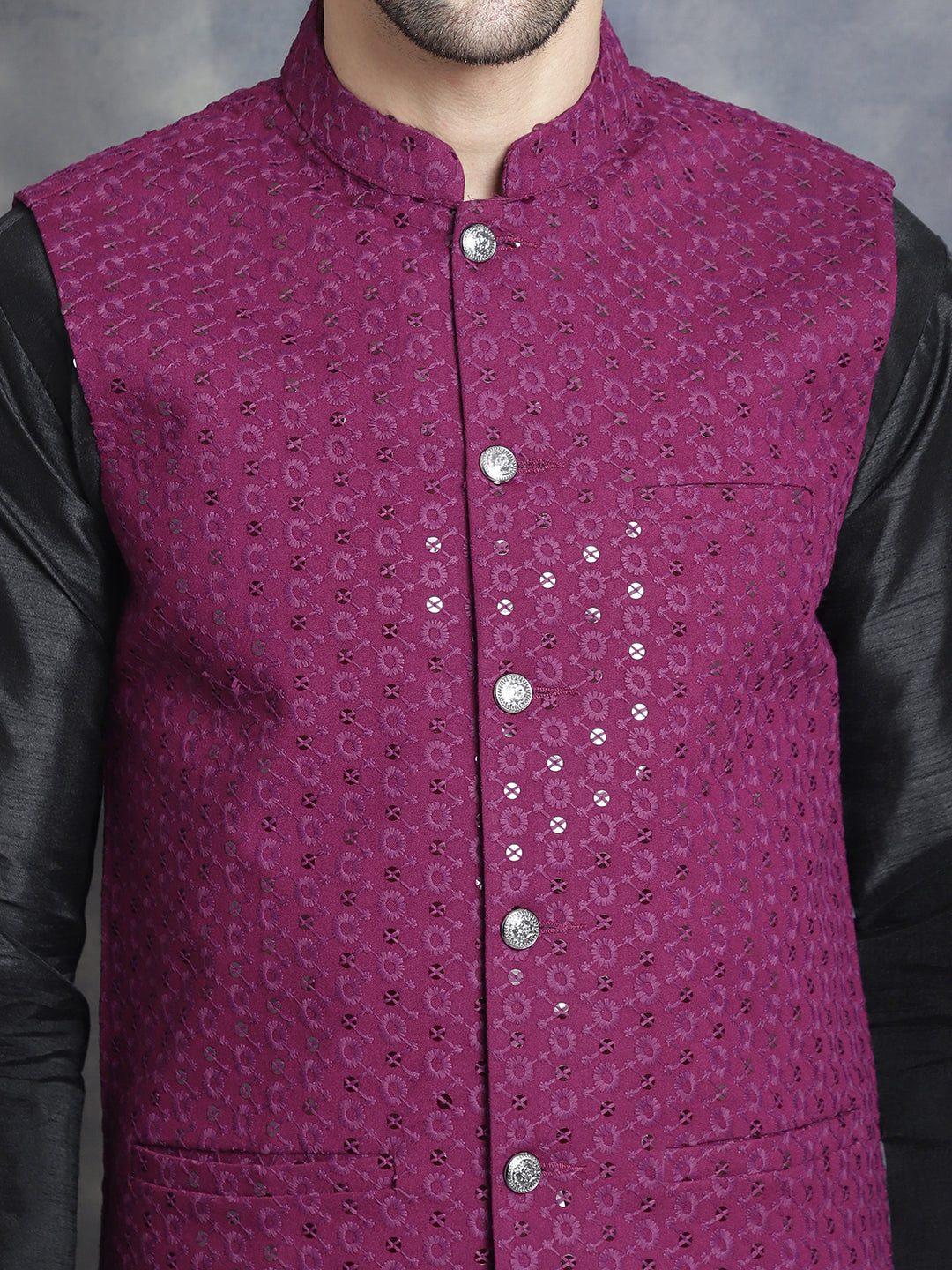 Men's Sequins and Embroidred Nehru Jacket With Solid Kurta Pyjama. ( JOKPWC 636B 4080Purple )