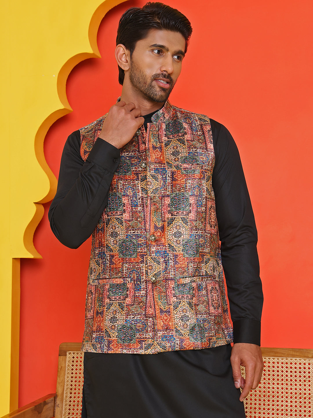 Sequins & Printed Nehru Jacket With Solid Kurta Pyjama Set ( JOKPWC 636B 4132 Orange )