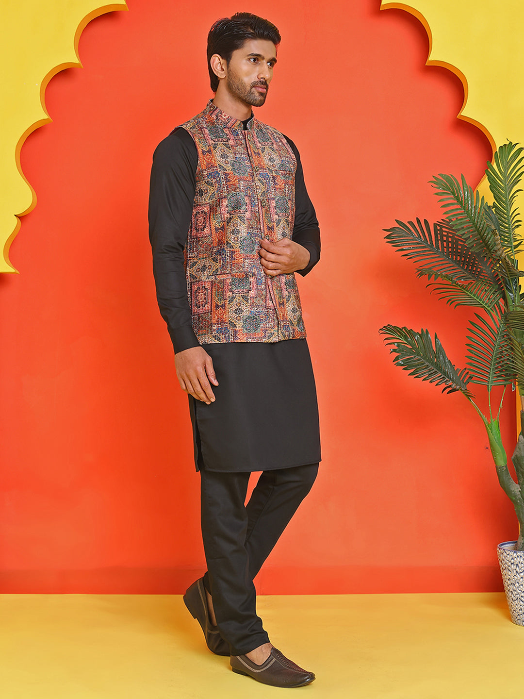 Sequins & Printed Nehru Jacket With Solid Kurta Pyjama Set ( JOKPWC 636B 4132 Orange )