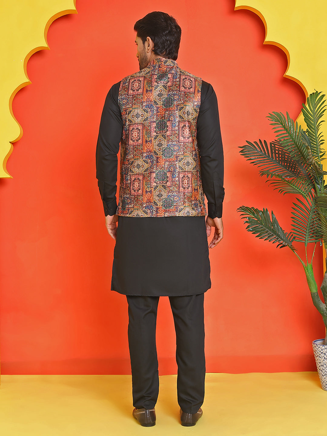 Sequins & Printed Nehru Jacket With Solid Kurta Pyjama Set ( JOKPWC 636B 4132 Orange )