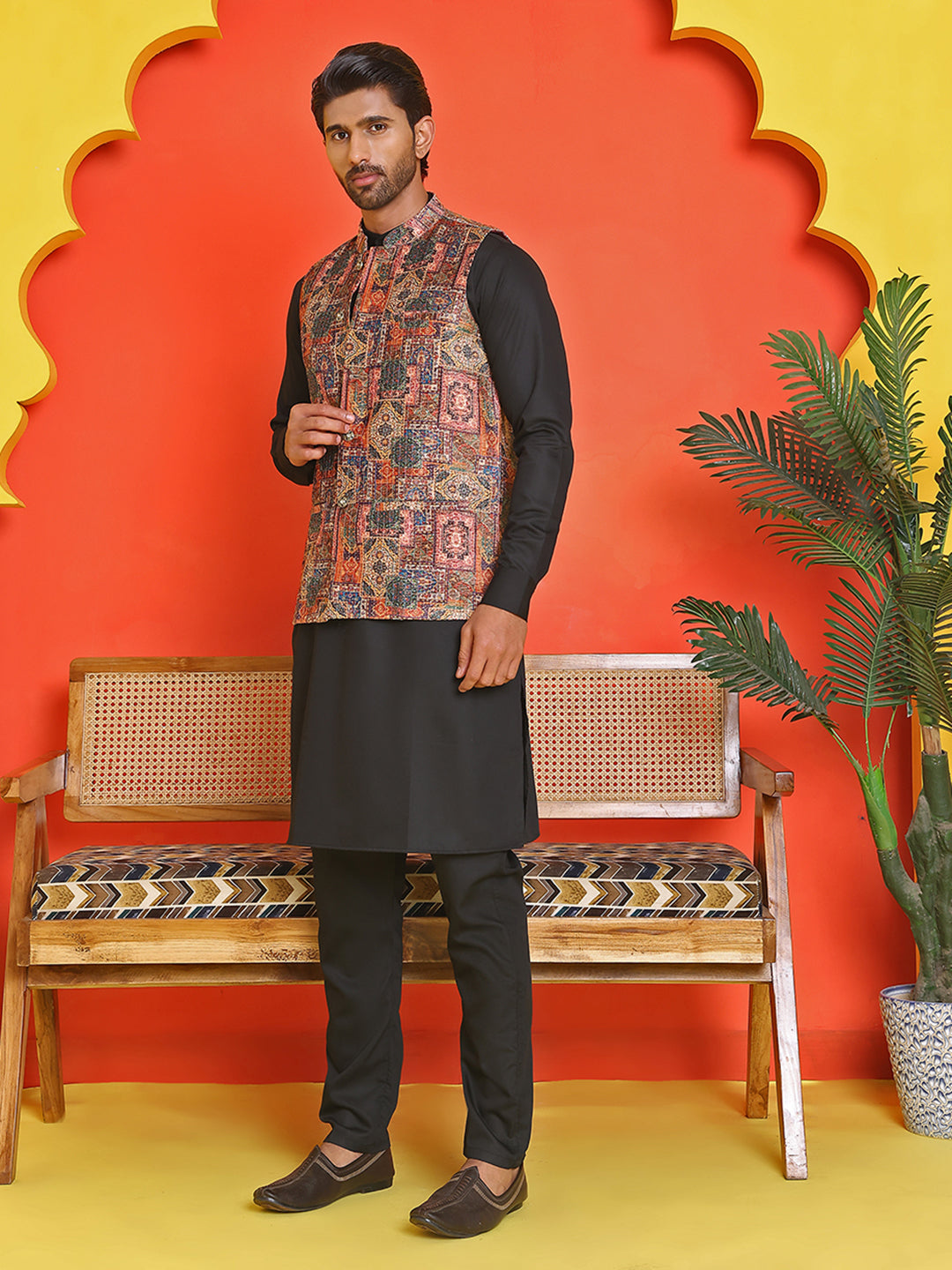 Sequins & Printed Nehru Jacket With Solid Kurta Pyjama Set ( JOKPWC 636B 4132 Orange )