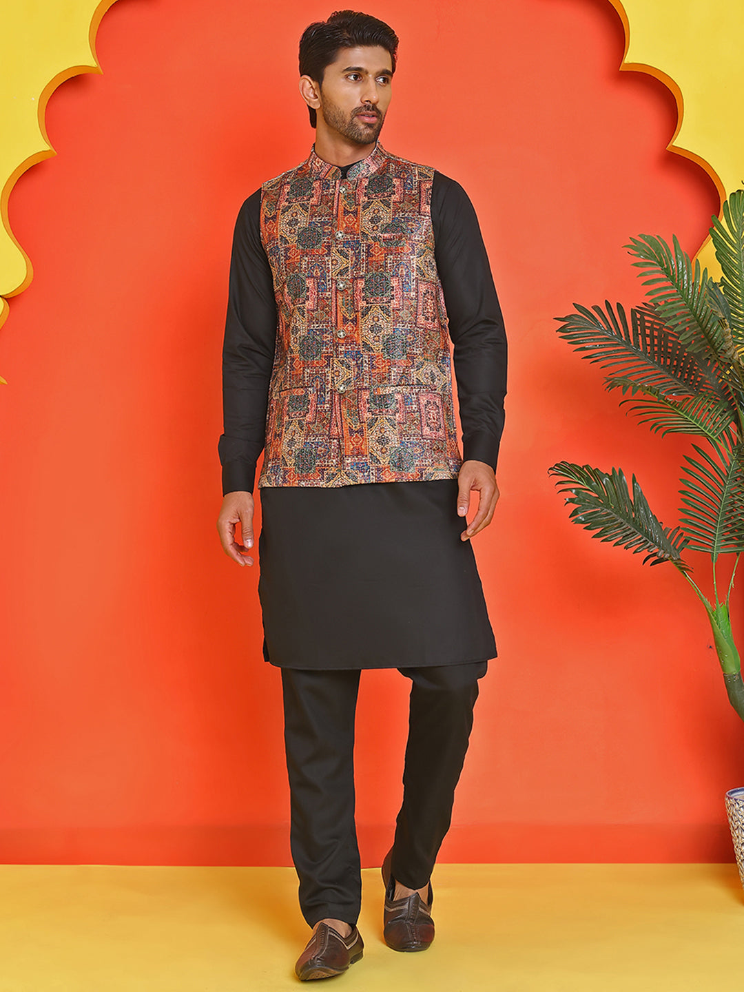 Sequins & Printed Nehru Jacket With Solid Kurta Pyjama Set ( JOKPWC 636B 4132 Orange )