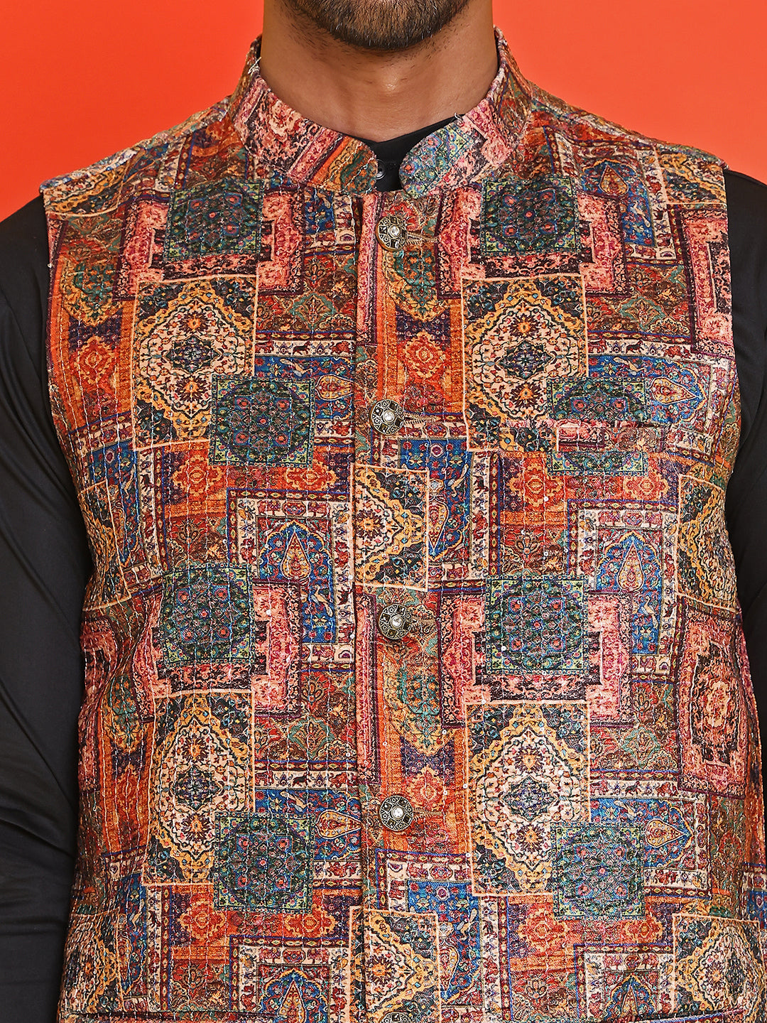 Sequins & Printed Nehru Jacket With Solid Kurta Pyjama Set ( JOKPWC 636B 4132 Orange )