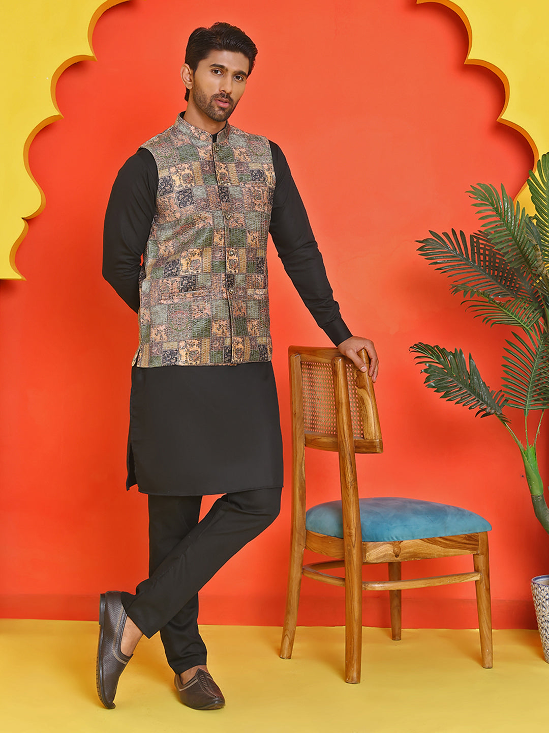 Sequins & Printed Nehru Jacket With Solid Kurta Pyjama Set ( JOKPWC 636B 4132 Peach )