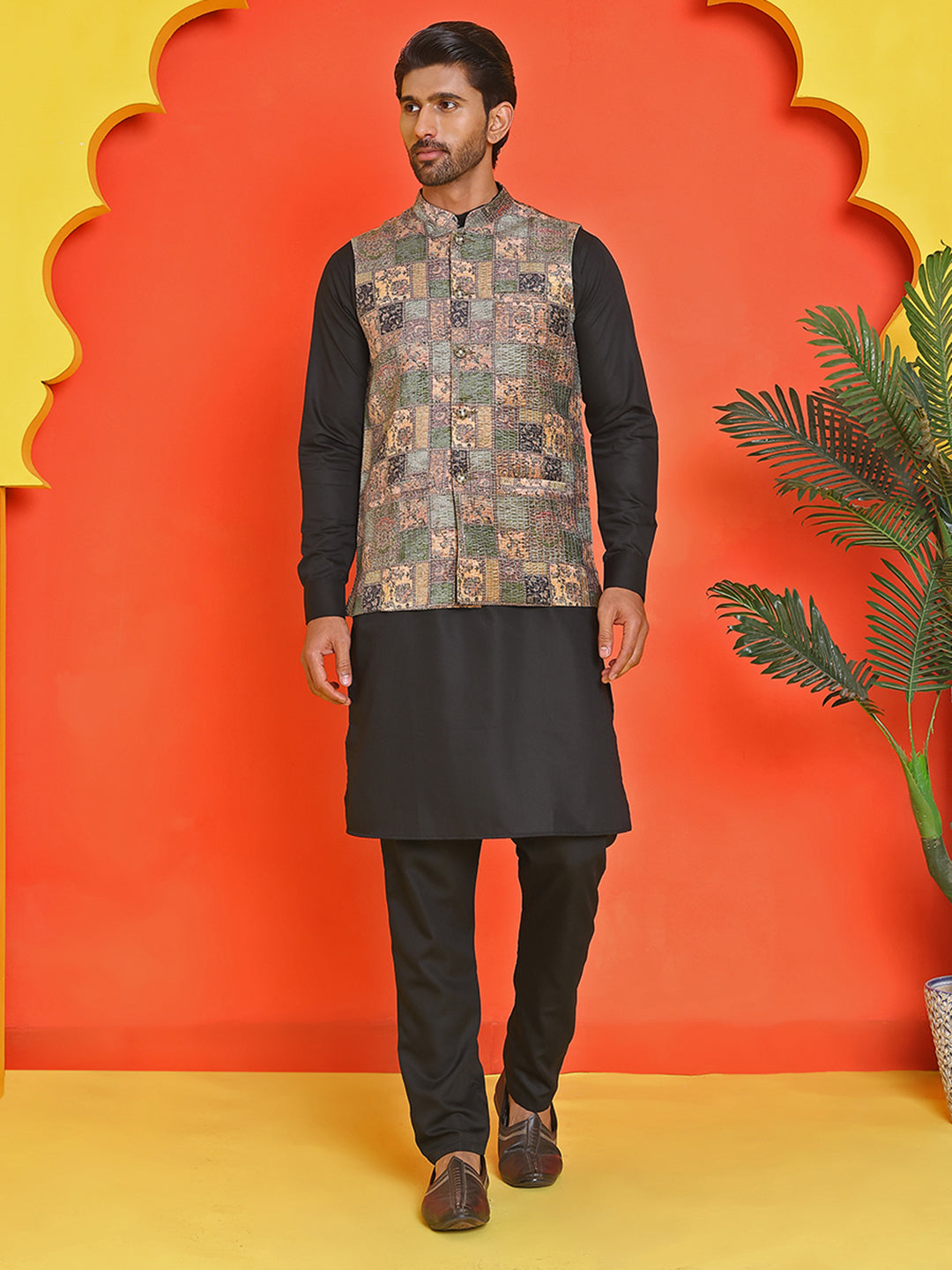 Sequins & Printed Nehru Jacket With Solid Kurta Pyjama Set ( JOKPWC 636B 4132 Peach )