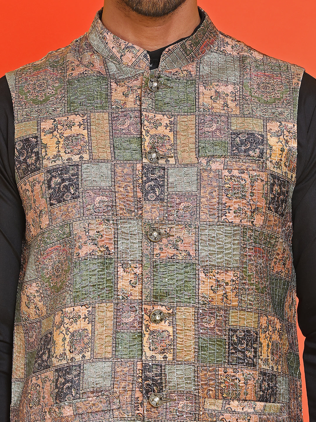 Sequins & Printed Nehru Jacket With Solid Kurta Pyjama Set ( JOKPWC 636B 4132 Peach )