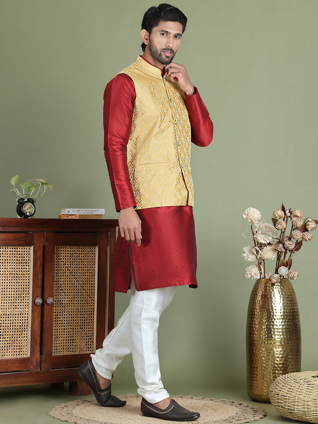 Woven Design Nehru Jacket With Solid Kurta Pyjama for Men ( JOKPWC 636M 4005Golden )
