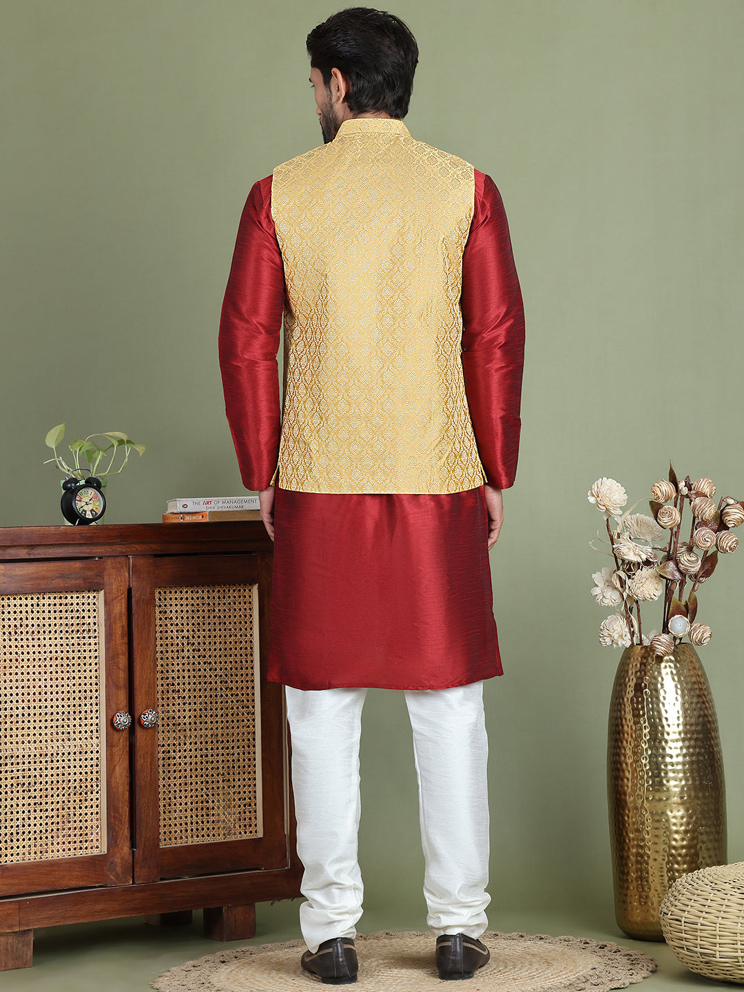 Woven Design Nehru Jacket With Solid Kurta Pyjama for Men ( JOKPWC 636M 4005Golden )