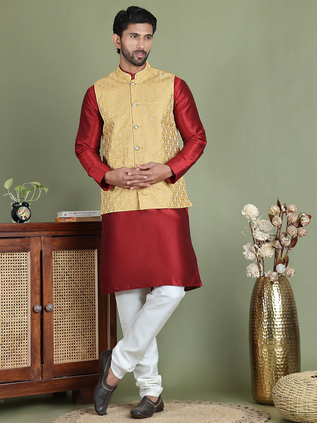 Woven Design Nehru Jacket With Solid Kurta Pyjama for Men ( JOKPWC 636M 4005Golden )