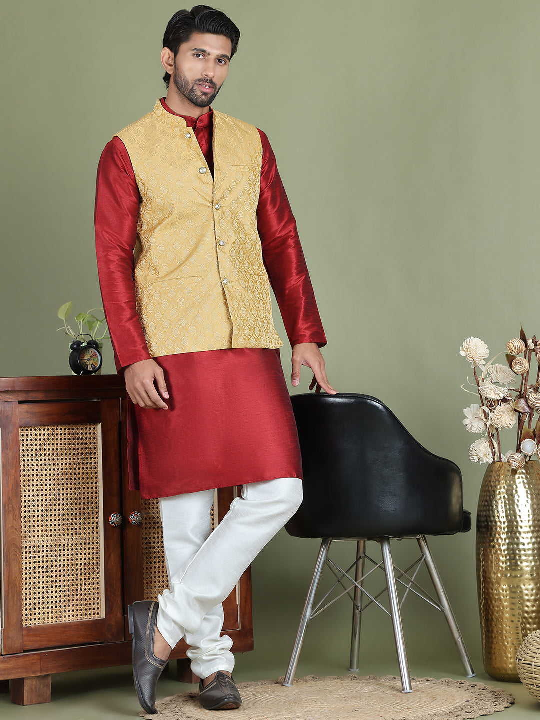 Woven Design Nehru Jacket With Solid Kurta Pyjama for Men ( JOKPWC 636M 4005Golden )