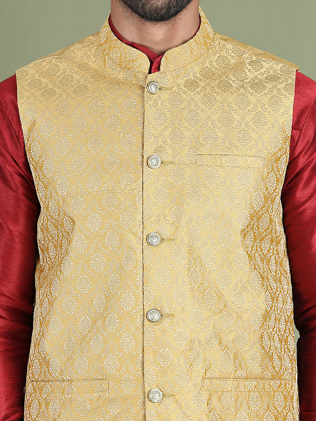 Woven Design Nehru Jacket With Solid Kurta Pyjama for Men ( JOKPWC 636M 4005Golden )