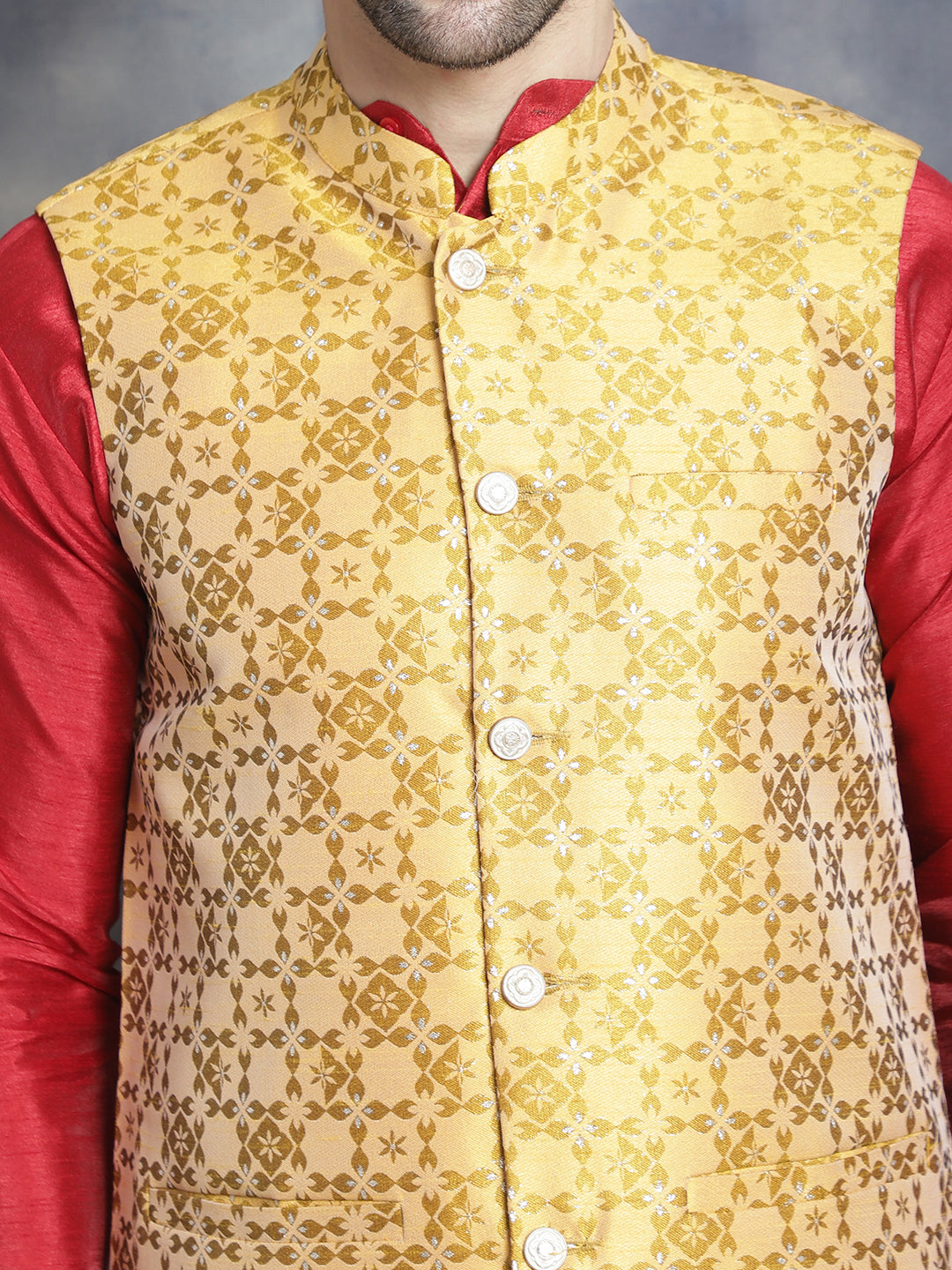 Men's Woven Design Nehru Jacket With Kurta Pyjama Set ( JOKPWC 636M 4083Mustard )