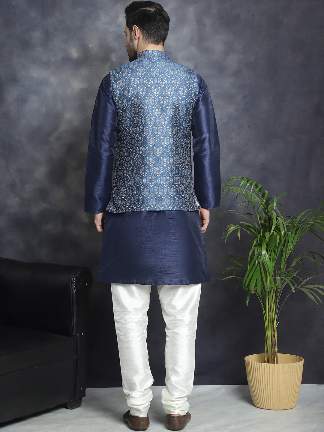 Men's Printed Nehru Jacket With Kurta Pyjama Set ( JOKPWC 636W 4084Blue )