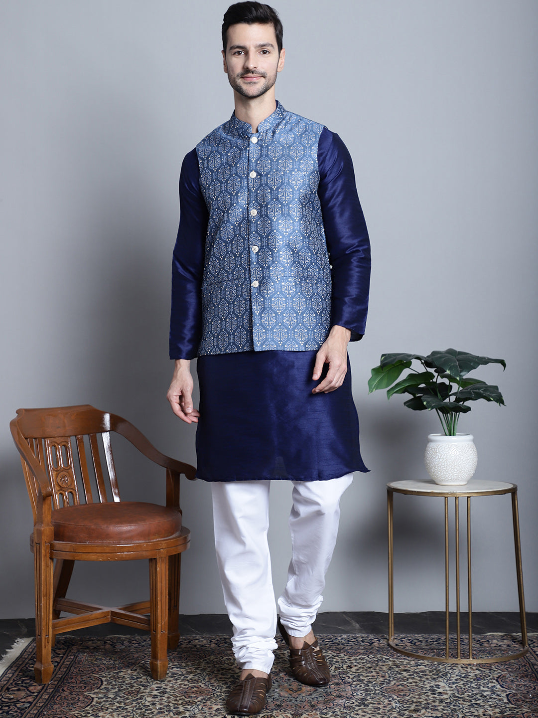 Men's Printed Nehru Jacket With Kurta Pyjama Set