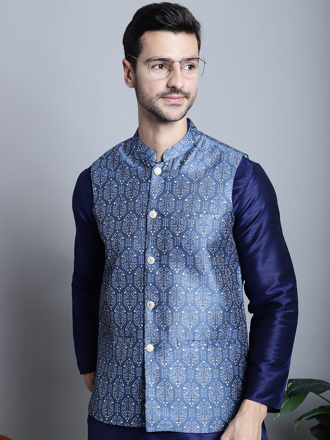 Men's Printed Nehru Jacket With Kurta Pyjama Set