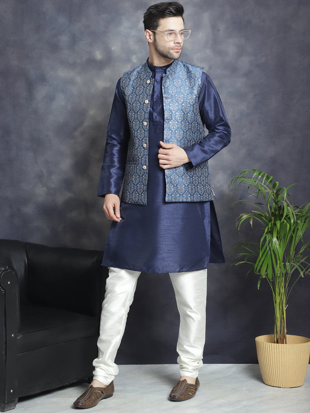 Men's Printed Nehru Jacket With Kurta Pyjama Set ( JOKPWC 636W 4084Blue )